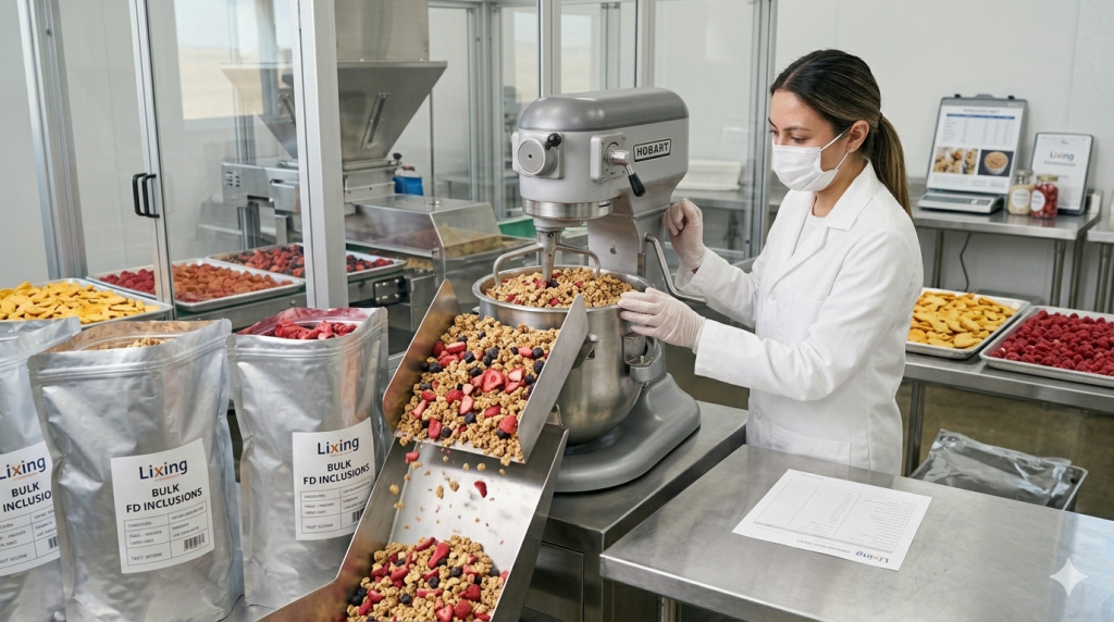 Industrial cereal production line showcasing the integration of premium freeze dried strawberry dices and whole blueberries into a granola mix for bulk wholesale.