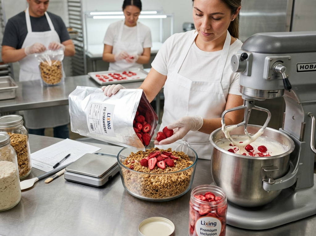 High-quality freeze dried strawberry slices being added to organic granola bowl, showing excellent color retention and structural integrity for B2B food manufacturing.